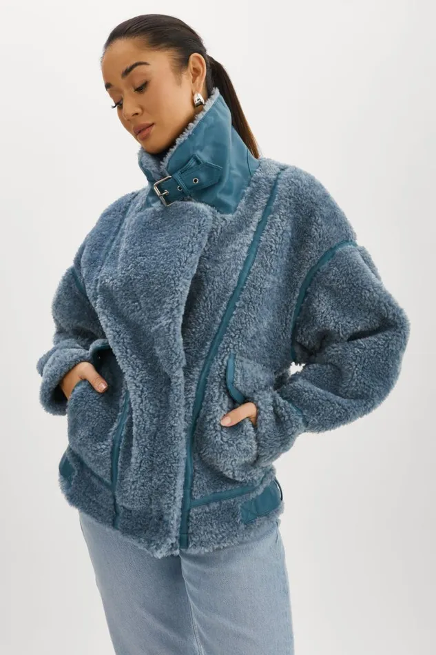 Women BADU Oversized Faux Shearling Jacket Dusty Blue LAMARQUE Sherpa