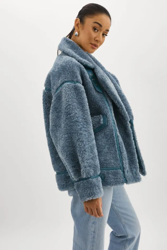 Women BADU Oversized Faux Shearling Jacket Dusty Blue LAMARQUE Sherpa