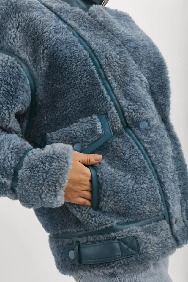 Women BADU Oversized Faux Shearling Jacket Dusty Blue LAMARQUE Sherpa