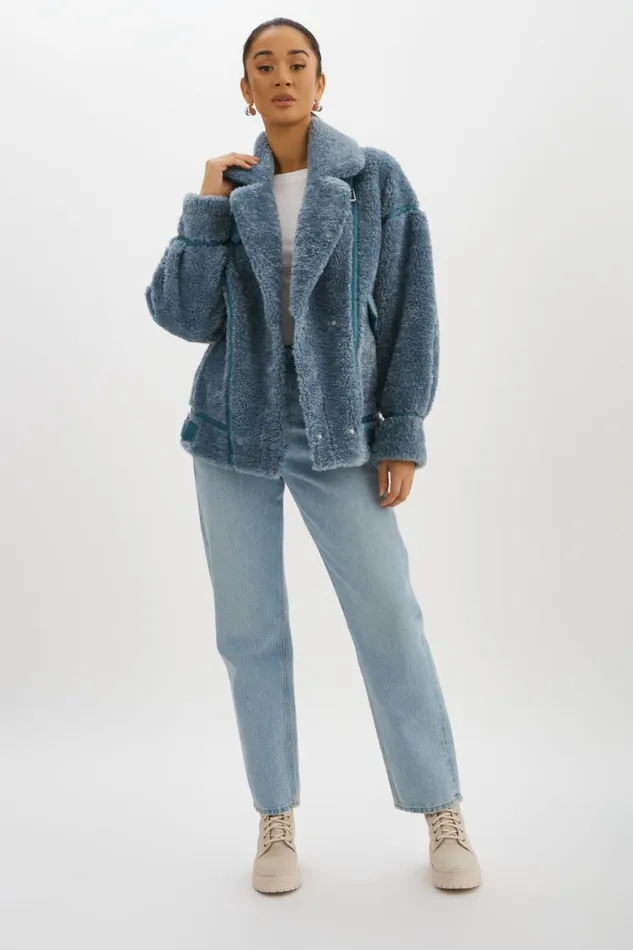 Women BADU Oversized Faux Shearling Jacket Dusty Blue LAMARQUE Sherpa