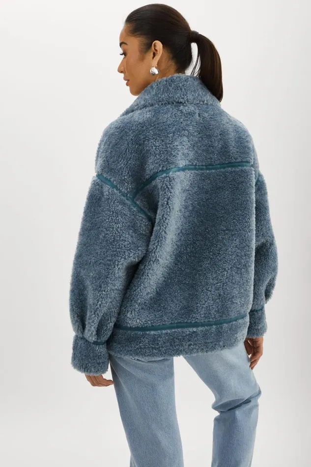 Women BADU Oversized Faux Shearling Jacket Dusty Blue LAMARQUE Sherpa