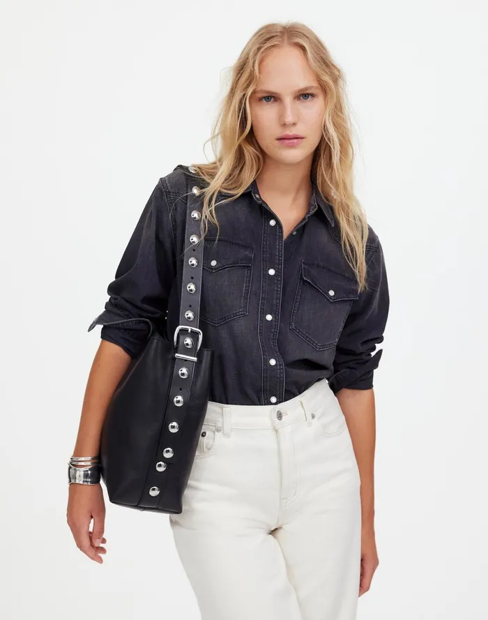 Women Bags Madewell The Essential Medium Bucket Tote True Black Multi