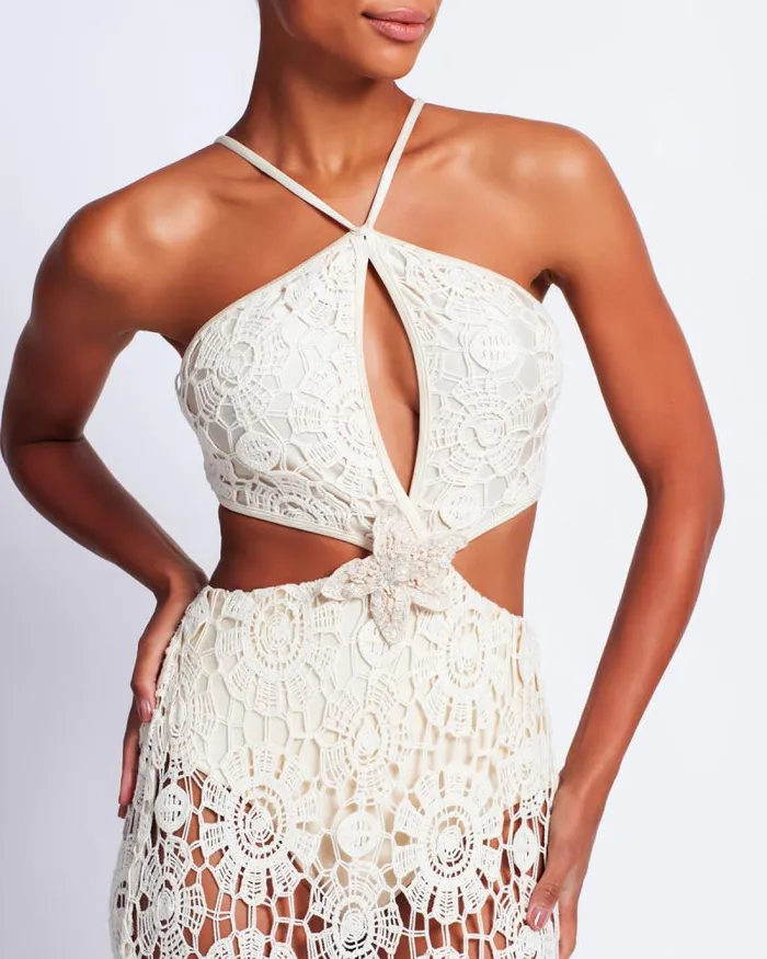 Women Beach Dresses PatBO Embroidered Crochet Halterneck Dress Wheat
