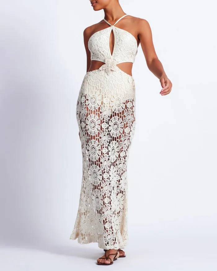 Women Beach Dresses PatBO Embroidered Crochet Halterneck Dress Wheat