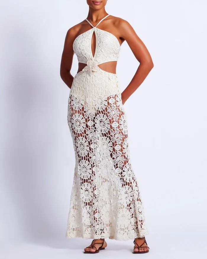 Women Beach Dresses PatBO Embroidered Crochet Halterneck Dress Wheat