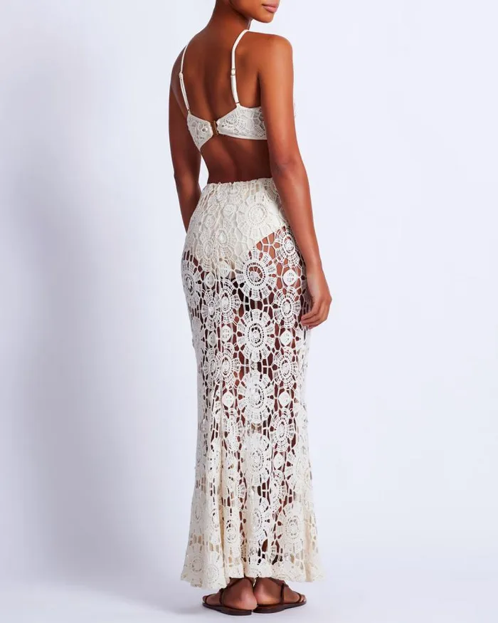 Women Beach Dresses PatBO Embroidered Crochet Halterneck Dress Wheat
