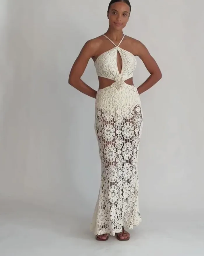 Women Beach Dresses PatBO Embroidered Crochet Halterneck Dress Wheat