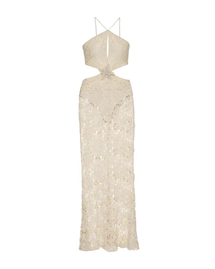 Women Beach Dresses PatBO Embroidered Crochet Halterneck Dress Wheat