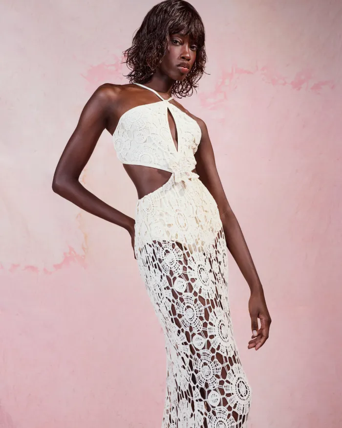 Women Beach Dresses PatBO Embroidered Crochet Halterneck Dress Wheat