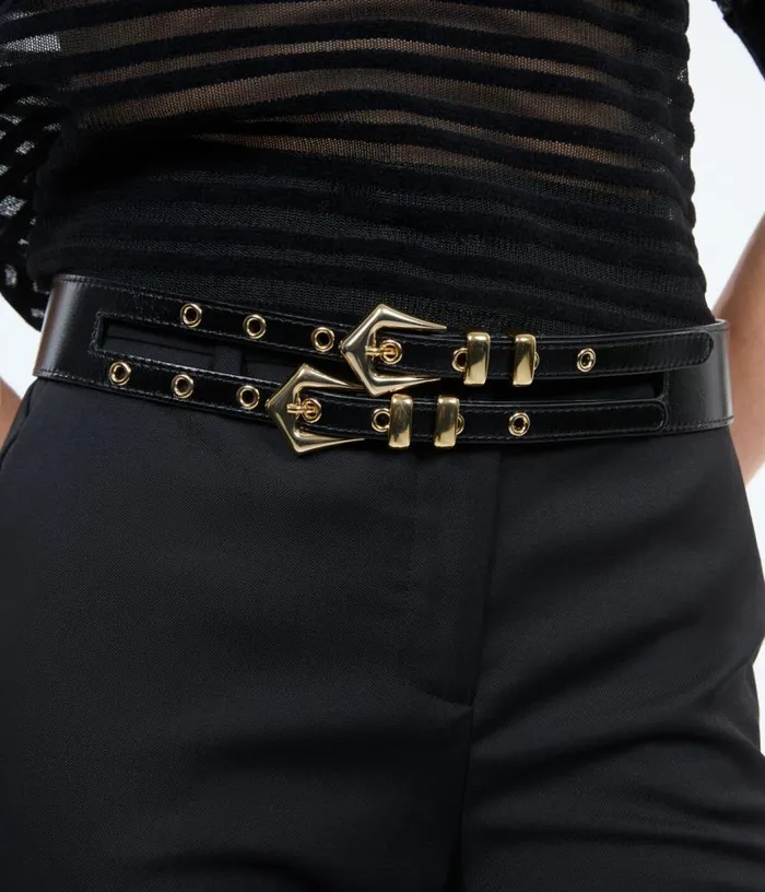 Women Black Leather Double Buckle Belt THE KOOPLES Belts