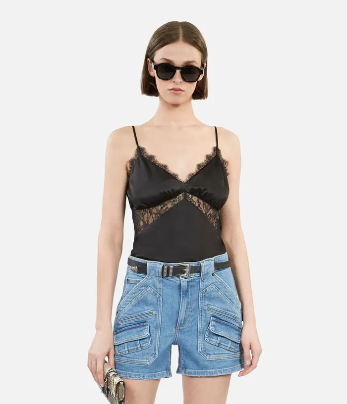 Women Black Silk Camisole With Lace THE KOOPLES Blouses and Shirts