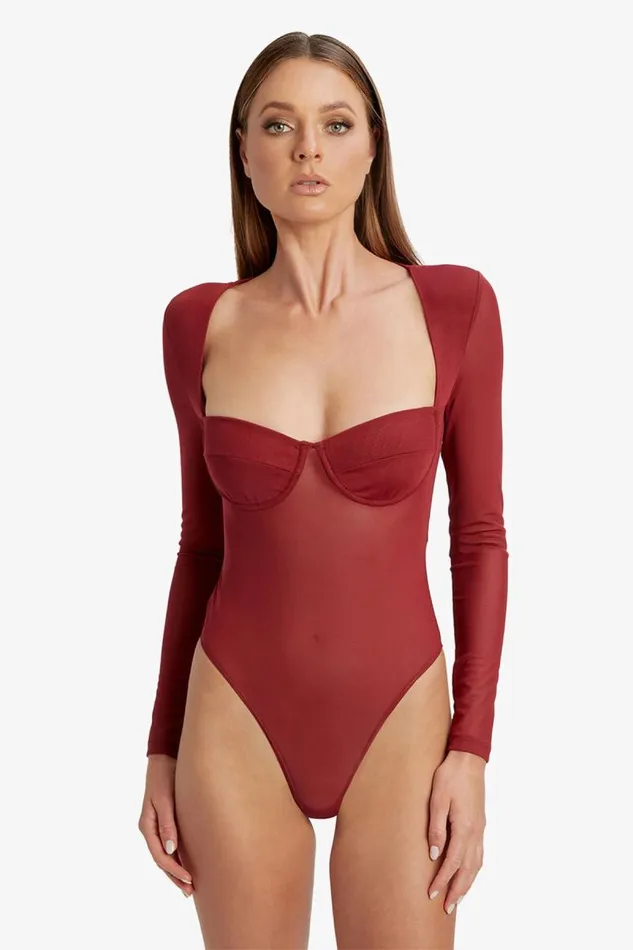 Women Bodysuits Bardot Carter Mesh Bodysuit In Burgundy Burgundy