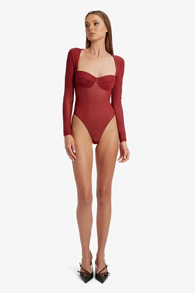 Women Bodysuits Bardot Carter Mesh Bodysuit In Burgundy Burgundy