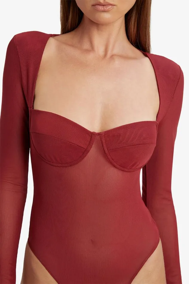 Women Bodysuits Bardot Carter Mesh Bodysuit In Burgundy Burgundy