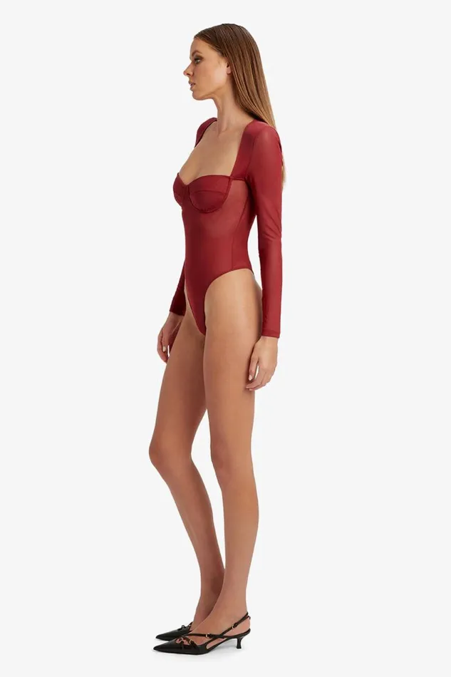 Women Bodysuits Bardot Carter Mesh Bodysuit In Burgundy Burgundy