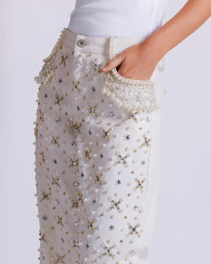 Women Bottoms PatBO Beaded Wide Leg Jeans FINAL SALE White