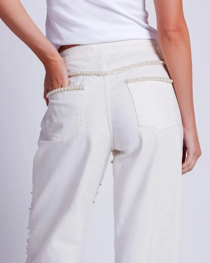 Women Bottoms PatBO Beaded Wide Leg Jeans FINAL SALE White