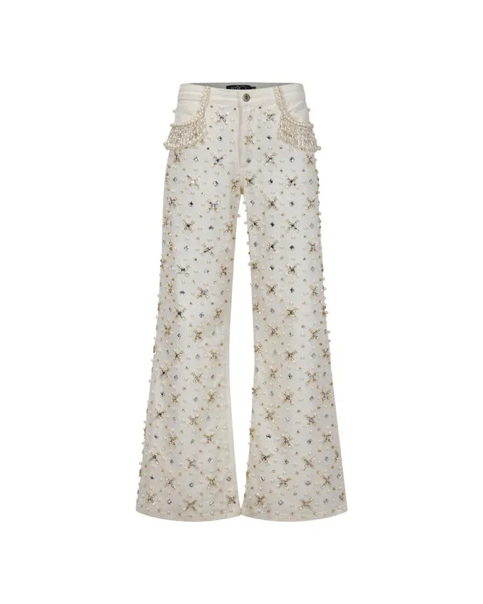 Women Bottoms PatBO Beaded Wide Leg Jeans FINAL SALE White