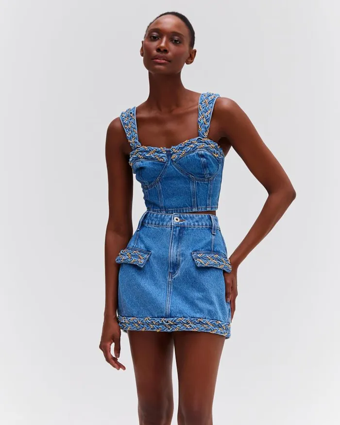 Women Bottoms PatBO Braided Denim Mini Skirt Denim