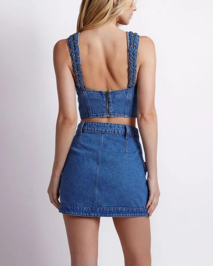 Women Bottoms PatBO Braided Denim Mini Skirt Denim
