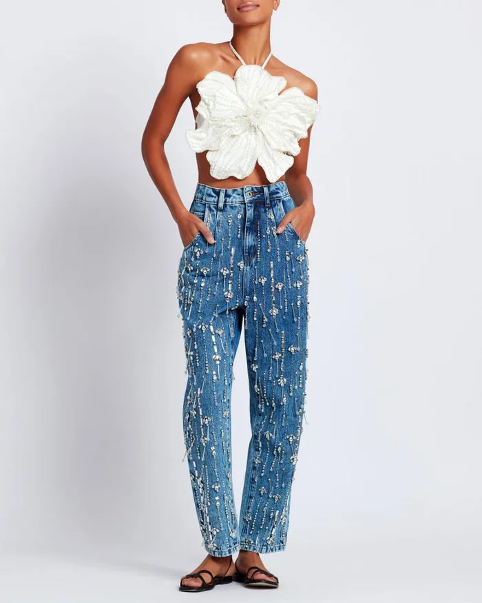 Women Bottoms PatBO Rhinestone Beaded Jeans Denim