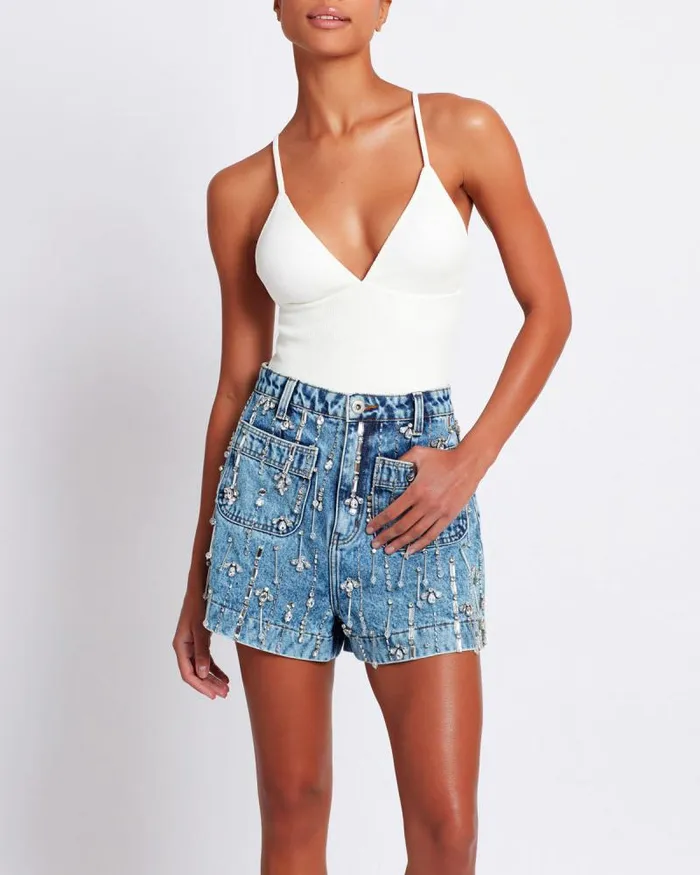 Women Bottoms PatBO Rhinestone Beaded Shorts Denim