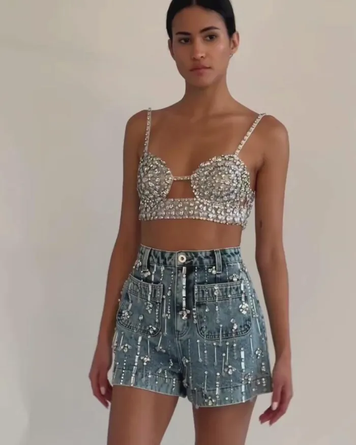 Women Bottoms PatBO Rhinestone Beaded Shorts Denim