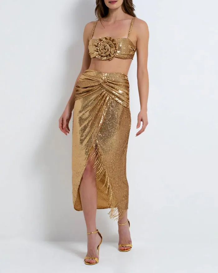Women Bottoms PatBO Sequin Draped Midi Skirt FINAL SALE Gold