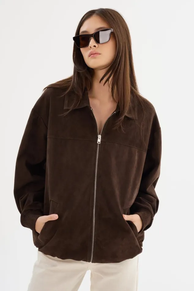 Women CADEN Oversized Suede Bomber Jacket Chocolate LAMARQUE Leather Jackets