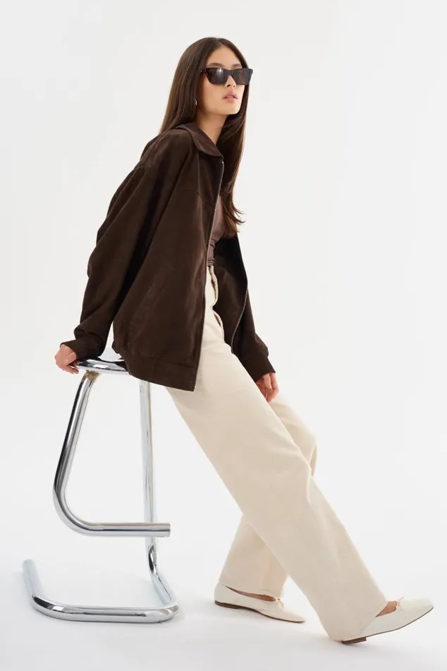 Women CADEN Oversized Suede Bomber Jacket Chocolate LAMARQUE Leather Jackets