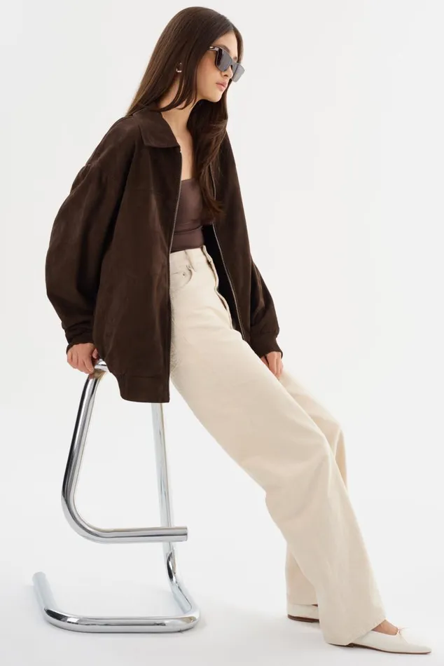 Women CADEN Oversized Suede Bomber Jacket Chocolate LAMARQUE Leather Jackets