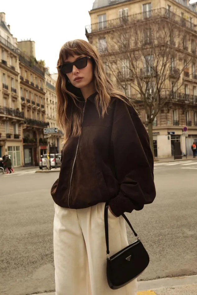Women CADEN Oversized Suede Bomber Jacket Chocolate LAMARQUE Leather Jackets