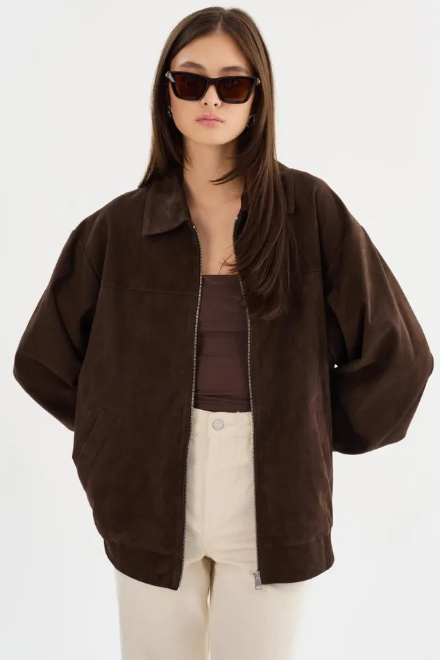 Women CADEN Oversized Suede Bomber Jacket Chocolate LAMARQUE Leather Jackets