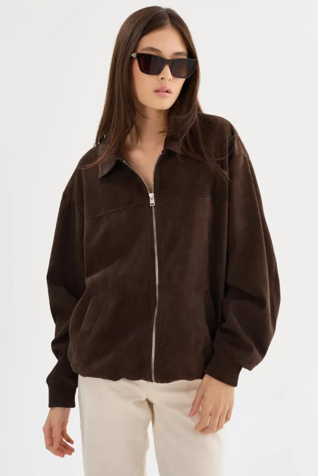 Women CADEN Oversized Suede Bomber Jacket Chocolate LAMARQUE Leather Jackets
