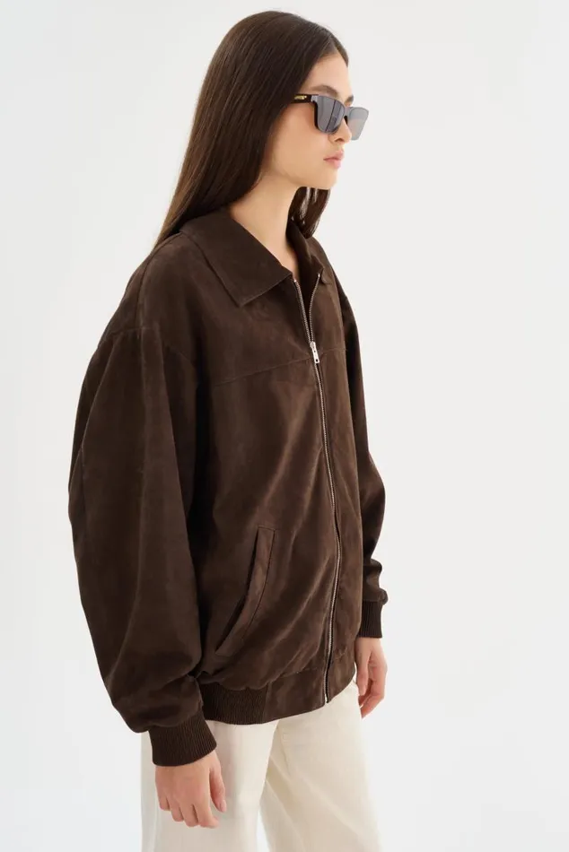 Women CADEN Oversized Suede Bomber Jacket Chocolate LAMARQUE Leather Jackets