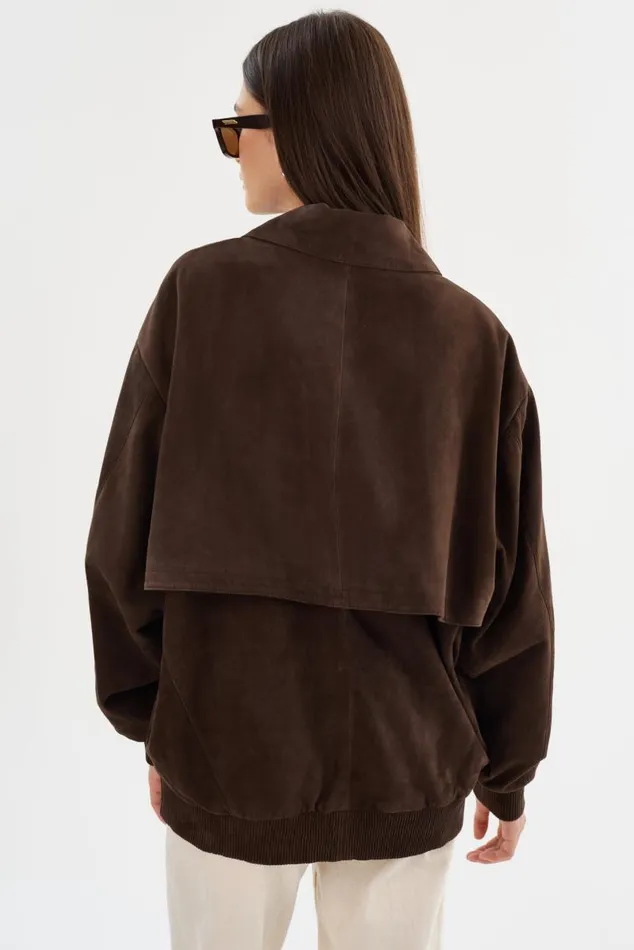 Women CADEN Oversized Suede Bomber Jacket Chocolate LAMARQUE Leather Jackets