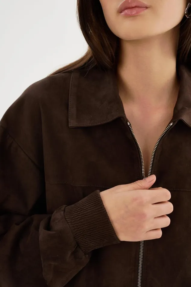 Women CADEN Oversized Suede Bomber Jacket Chocolate LAMARQUE Leather Jackets