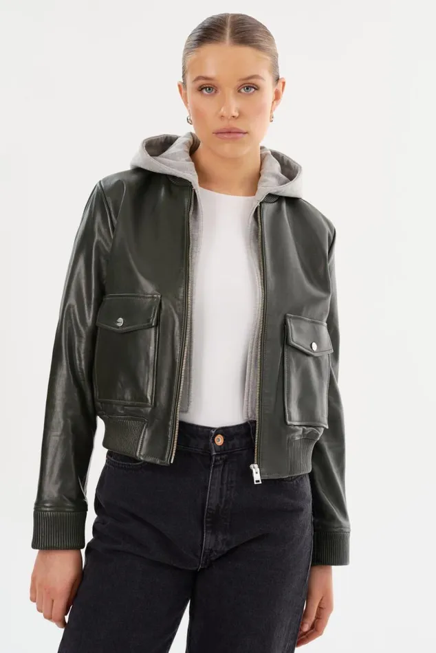 Women CANDACE Leather Bomber Jacket Dark Oliveheather Grey LAMARQUE Leather Jackets
