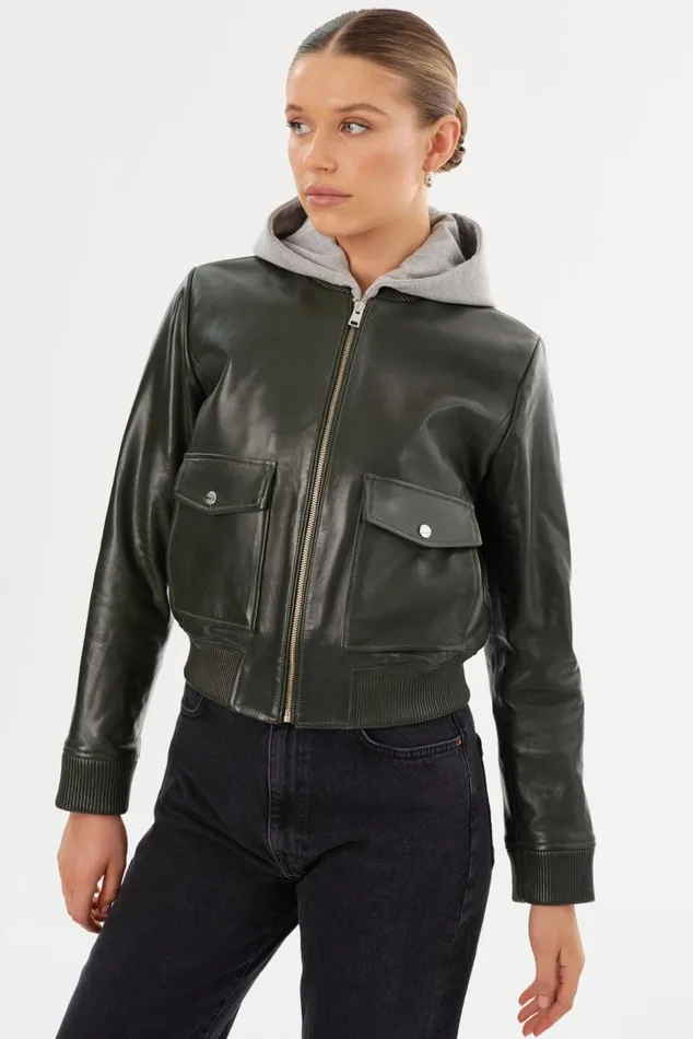Women CANDACE Leather Bomber Jacket Dark Oliveheather Grey LAMARQUE Leather Jackets