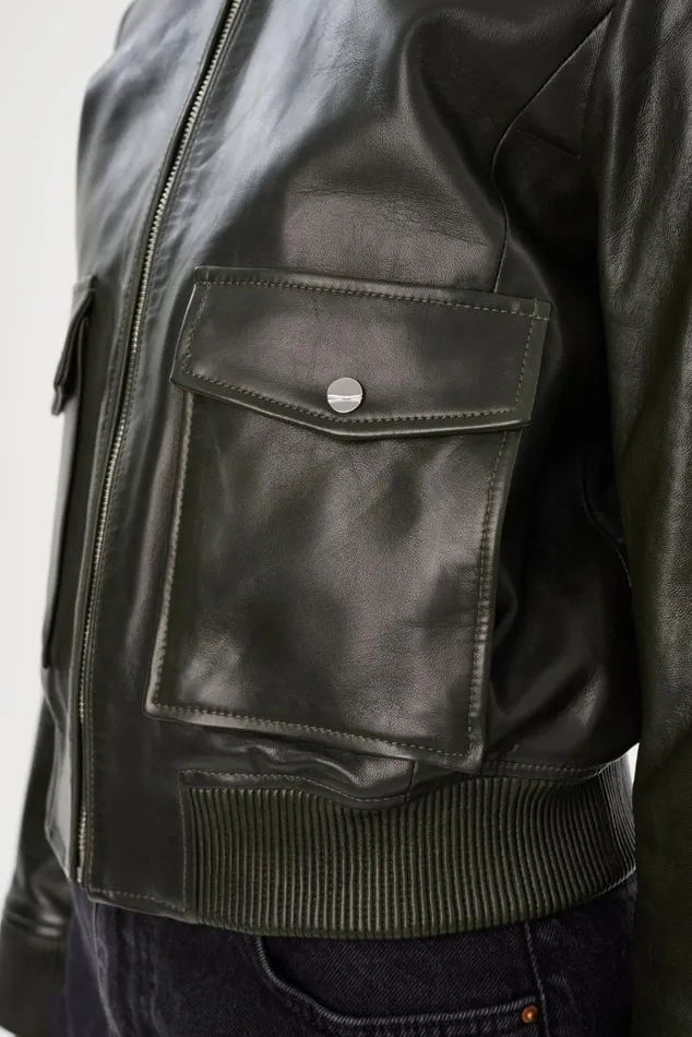 Women CANDACE Leather Bomber Jacket Dark Oliveheather Grey LAMARQUE Leather Jackets