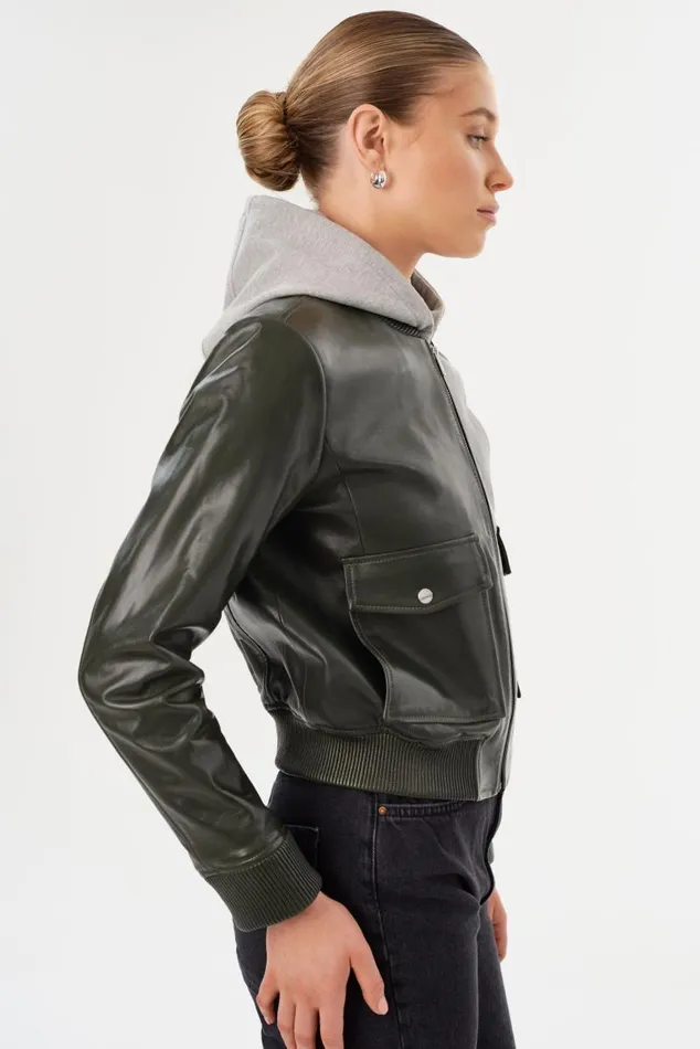 Women CANDACE Leather Bomber Jacket Dark Oliveheather Grey LAMARQUE Leather Jackets