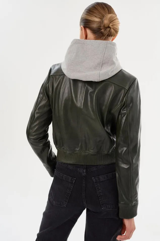 Women CANDACE Leather Bomber Jacket Dark Oliveheather Grey LAMARQUE Leather Jackets