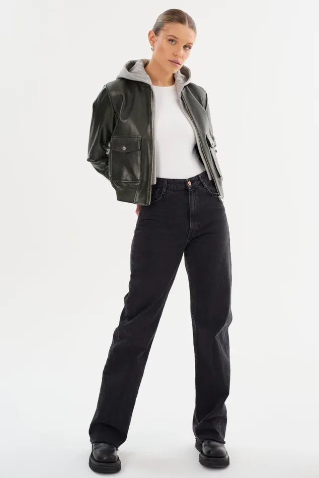 Women CANDACE Leather Bomber Jacket Dark Oliveheather Grey LAMARQUE Leather Jackets