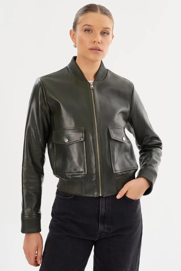 Women CANDACE Leather Bomber Jacket Dark Oliveheather Grey LAMARQUE Leather Jackets
