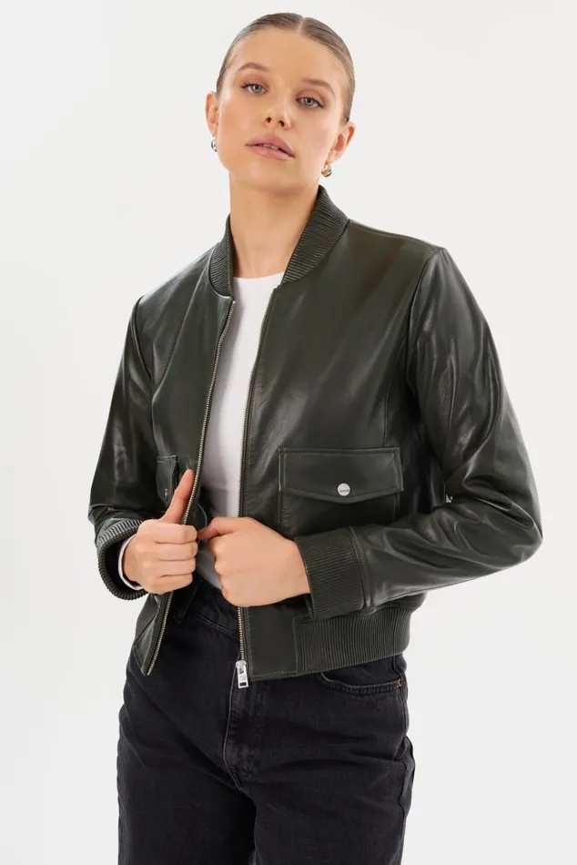 Women CANDACE Leather Bomber Jacket Dark Oliveheather Grey LAMARQUE Leather Jackets