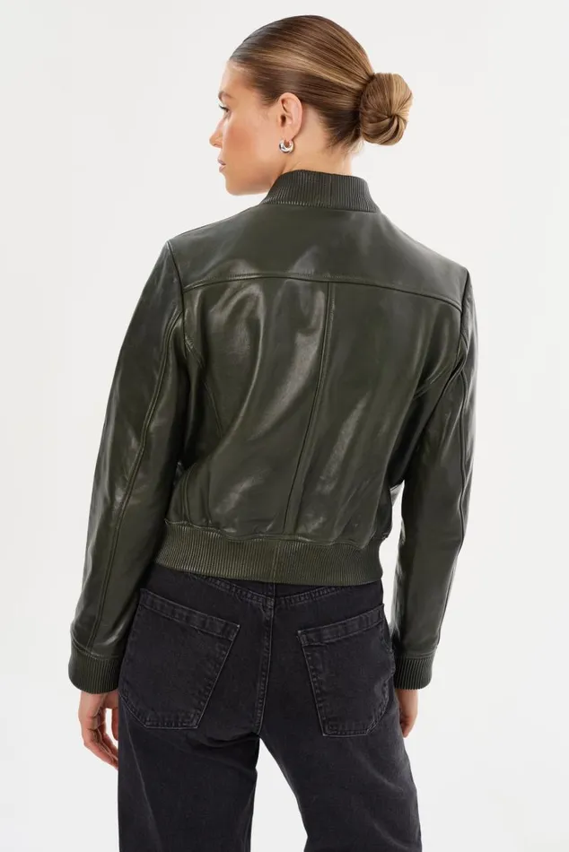Women CANDACE Leather Bomber Jacket Dark Oliveheather Grey LAMARQUE Leather Jackets