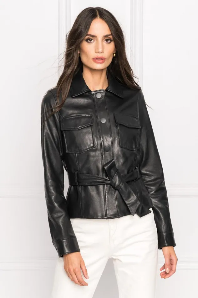 Women CHERICE Leather Jacket Black LAMARQUE Trench Coats