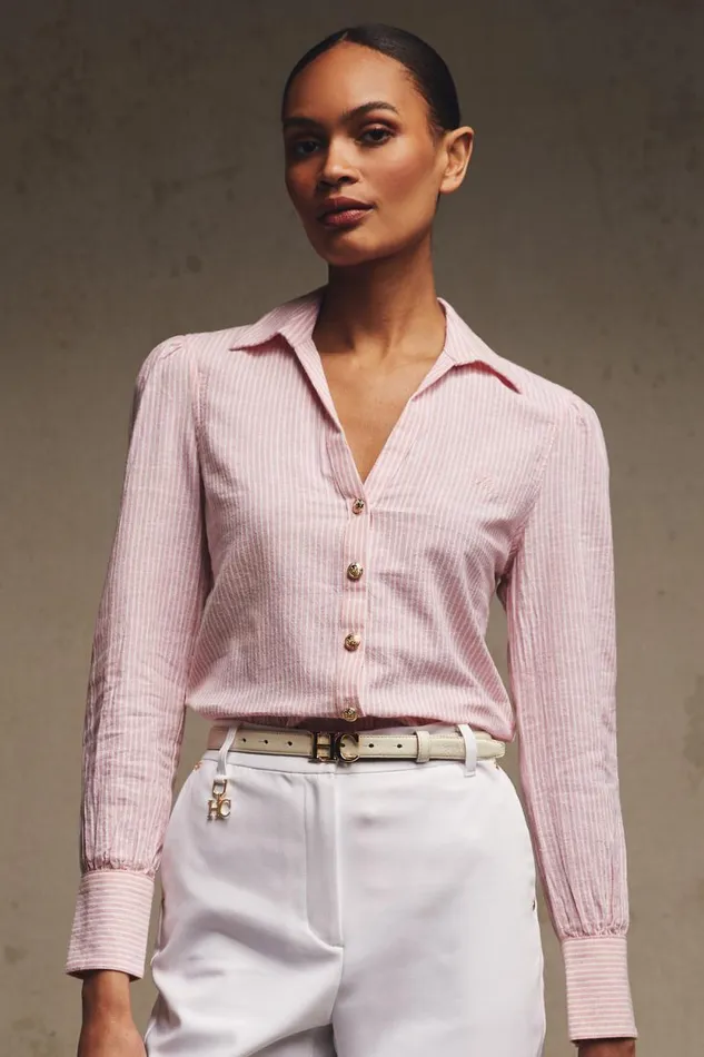 Women Classic VNeck Blouse Pink Stripe Holland Cooper Shirts and Blouses