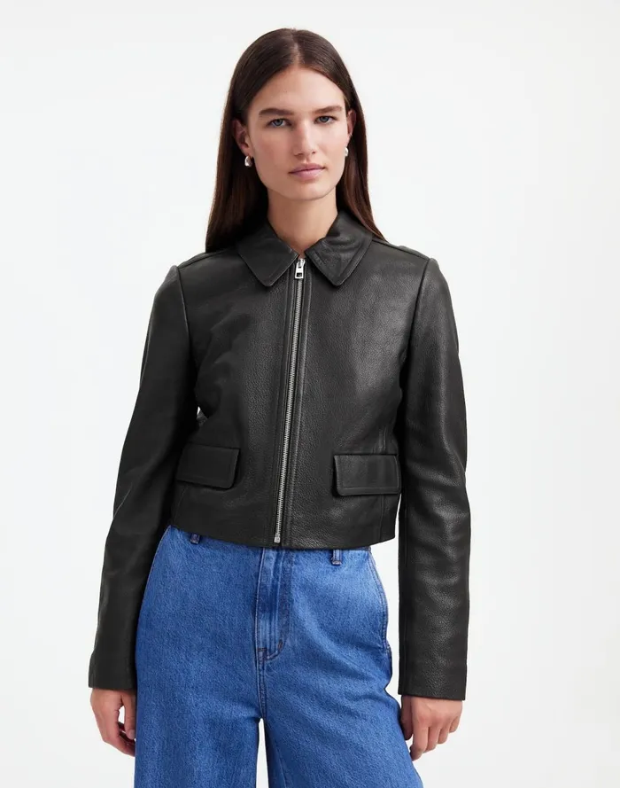 Women Coats Jackets Madewell Shrunken ZipFront Jacket In Leather True Black