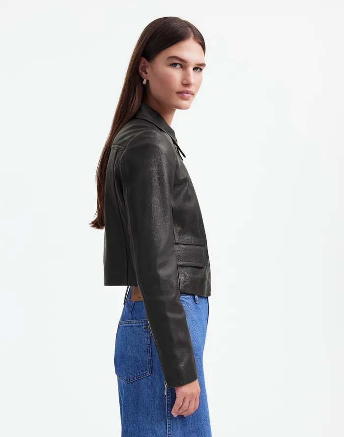 Women Coats Jackets Madewell Shrunken ZipFront Jacket In Leather True Black